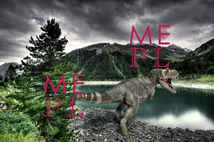 : T-Rex dinosaur on a lake shore, with mountains : T-Rex dinosaur on a lake shore, with mountains
