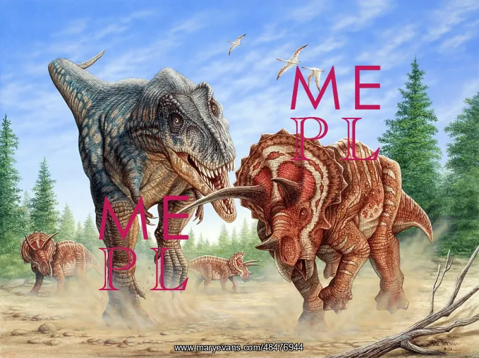 : T-rex fighting a group of Triceratops : T-rex fighting a group of Triceratops