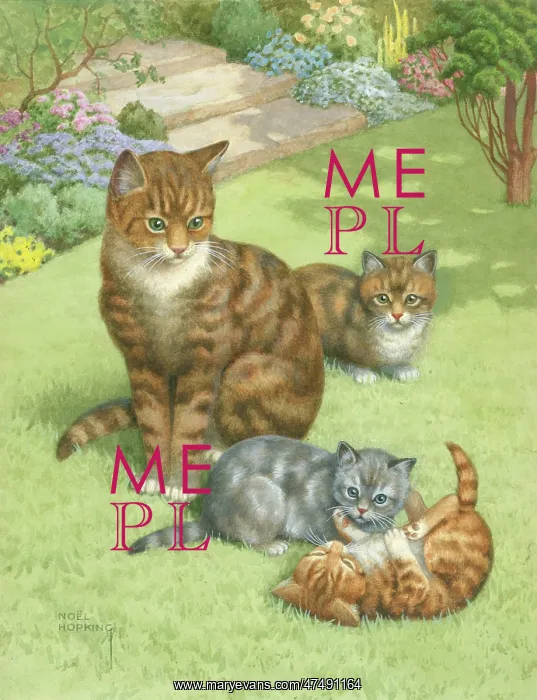 : Tabby cat and three kittens on a garden lawn : Tabby cat and three kittens on a garden lawn