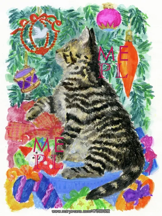  : Tabby Cat looking at Christmas Tree