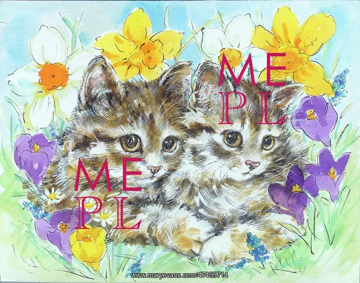: Two tabby kittens with daffodils and crocuses : Two tabby kittens with daffodils and crocuses