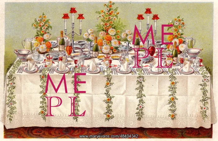: Table covered with a linen cloth and set for a : Table covered with a linen cloth and set for a