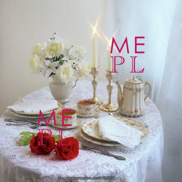 : Table Set for Tea Service for 2 with Candles and Bouquet : Table Set for Tea Service for 2 with Candles and Bouquet