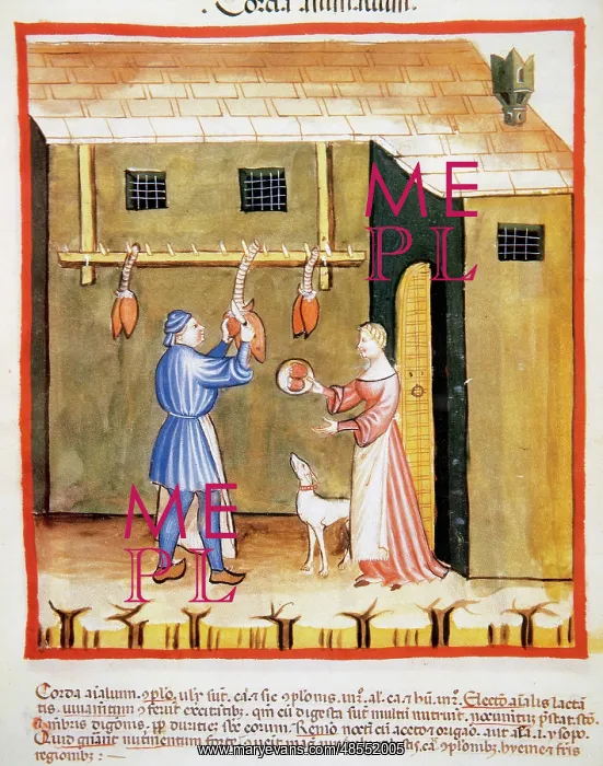 : Tacuinum Sanitatis. 14th century. Drying animal hearts : Tacuinum Sanitatis. 14th century. Drying animal hearts