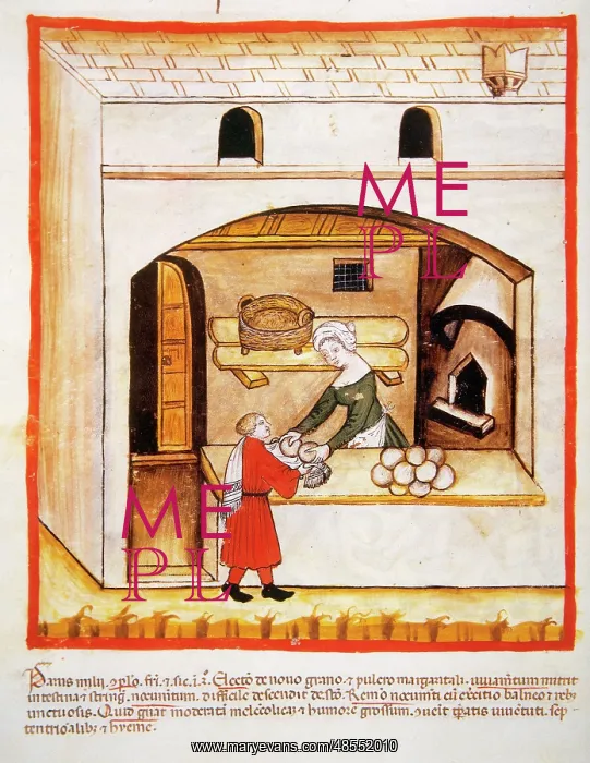: Tacuinum Sanitatis. 14th century. Selling millet bread : Tacuinum Sanitatis. 14th century. Selling millet bread
