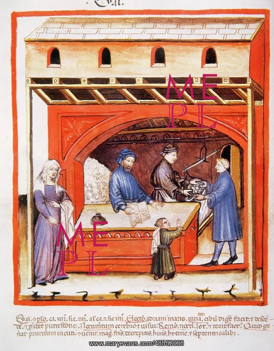 : Tacuinum Sanitatis. 14th century. Selling salt : Tacuinum Sanitatis. 14th century. Selling salt