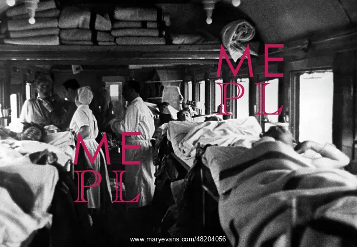 : Taking care of severely wounded men in a hospital train : Taking care of severely wounded men in a hospital train