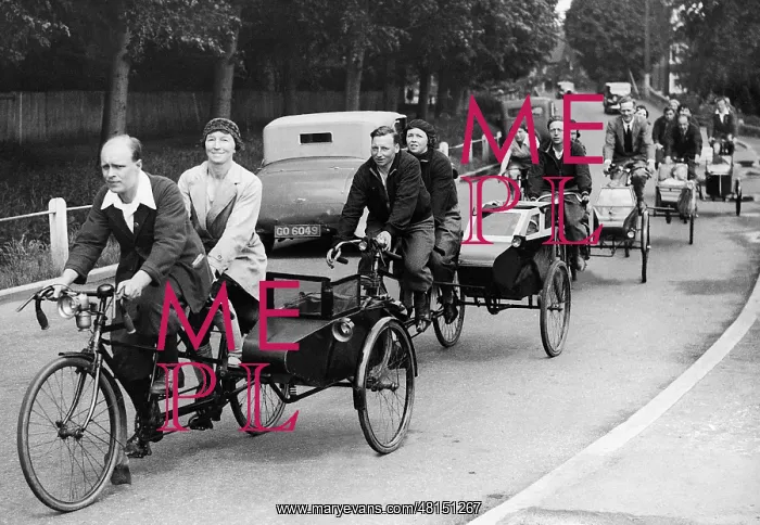 : Tandem bikes with sidecars, 1935 : Tandem bikes with sidecars, 1935