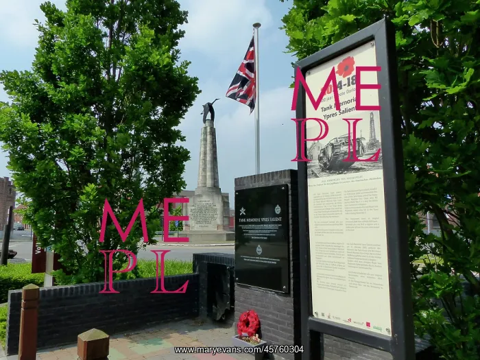: Tank Memorial with Guynemer Memorial behind, Poelkapelle : Tank Memorial with Guynemer Memorial behind, Poelkapelle