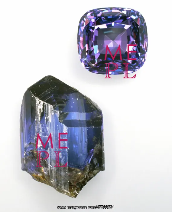 : Tanzanite crystal and cut stone : Tanzanite crystal and cut stone