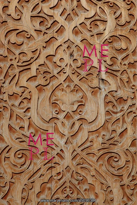 : Tashkent. Detail of carved wooden column in central patio of entrance to : Tashkent. Detail of carved wooden column in central patio of entrance to