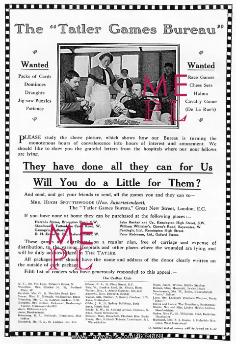 : Tatler Games Bureau advertisement, WW1 : Tatler Games Bureau advertisement, WW1