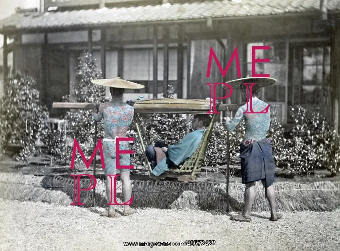 : Tattooed bearers and a carrying chair, Japan, circa 1870s : Tattooed bearers and a carrying chair, Japan, circa 1870s