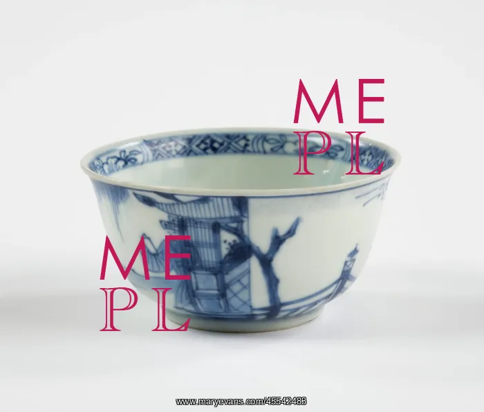 : Tea bowl. Porcelain tea bowl with cobalt blue underglaze decoration of three figures : Tea bowl. Porcelain tea bowl with cobalt blue underglaze decoration of three figures