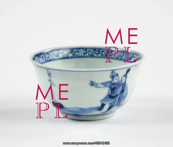 : Tea bowl. Porcelain tea bowl with cobalt blue underglaze decoration of three figures : Tea bowl. Porcelain tea bowl with cobalt blue underglaze decoration of three figures