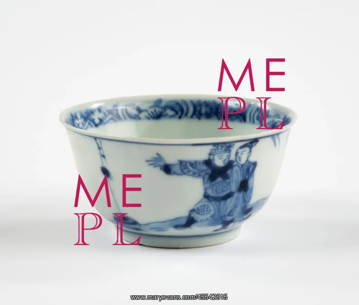 : Tea bowl. Porcelain tea bowl with cobalt blue underglaze decoration of three figures : Tea bowl. Porcelain tea bowl with cobalt blue underglaze decoration of three figures