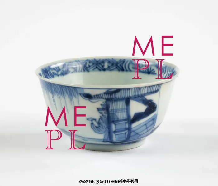 : Tea bowl. Porcelain tea bowl with cobalt blue underglaze decoration of three figures : Tea bowl. Porcelain tea bowl with cobalt blue underglaze decoration of three figures