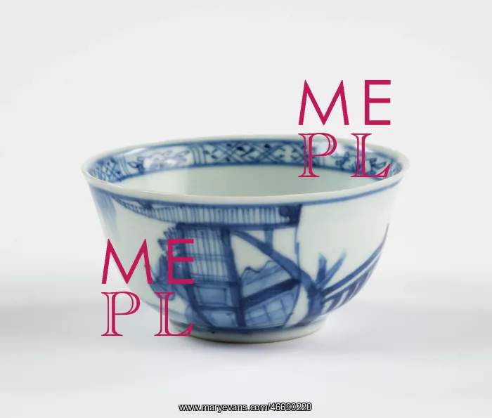 : Tea bowl. Porcelain tea bowl with cobalt blue underglaze decoration of three figures : Tea bowl. Porcelain tea bowl with cobalt blue underglaze decoration of three figures