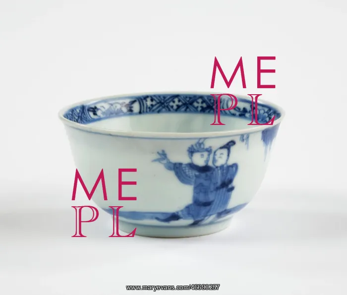 : Tea bowl. Porcelain tea bowl with cobalt blue underglaze decoration of three figures : Tea bowl. Porcelain tea bowl with cobalt blue underglaze decoration of three figures