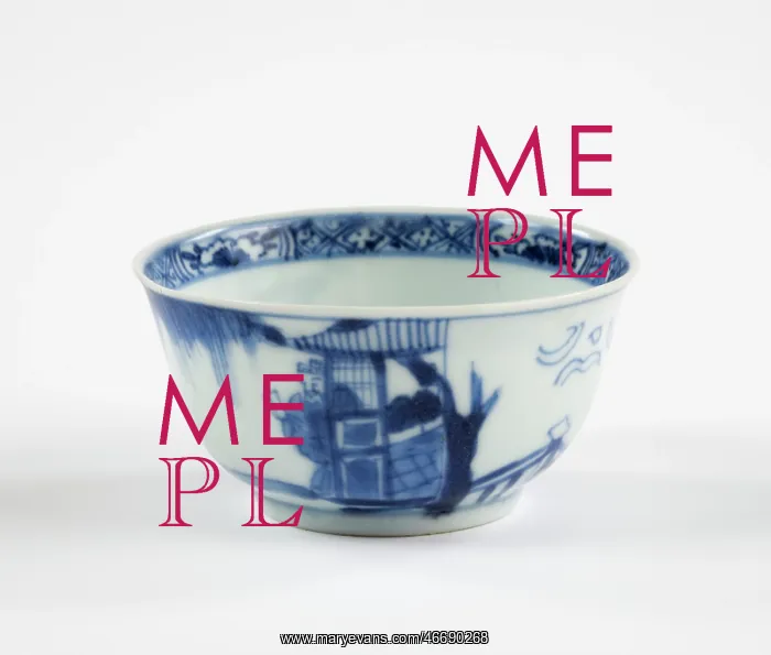 : Tea bowl. Porcelain tea bowl with cobalt blue underglaze decoration of three figures : Tea bowl. Porcelain tea bowl with cobalt blue underglaze decoration of three figures