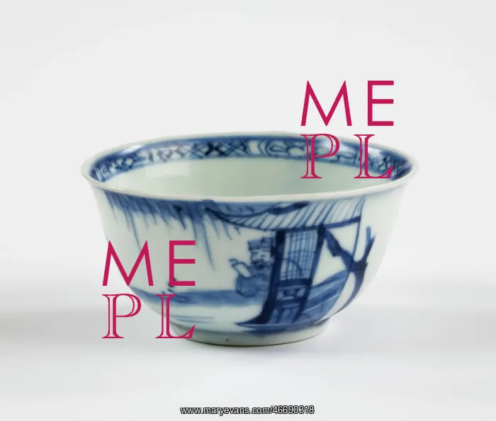 : Tea bowl. Porcelain tea bowl with cobalt blue underglaze decoration of three figures : Tea bowl. Porcelain tea bowl with cobalt blue underglaze decoration of three figures
