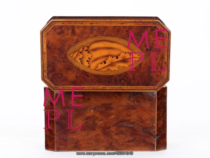 : Tea caddy. Burr yew tea caddy of rectangular form with canted corners : Tea caddy. Burr yew tea caddy of rectangular form with canted corners
