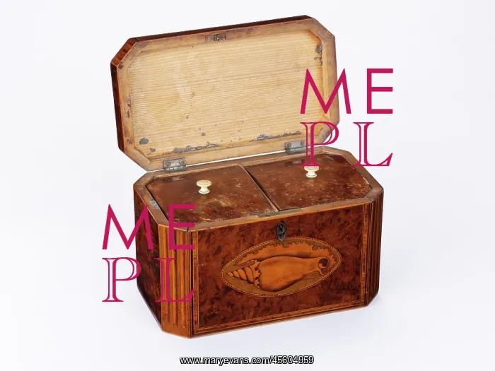 : Tea caddy. Burr yew tea caddy of rectangular form with canted corners : Tea caddy. Burr yew tea caddy of rectangular form with canted corners