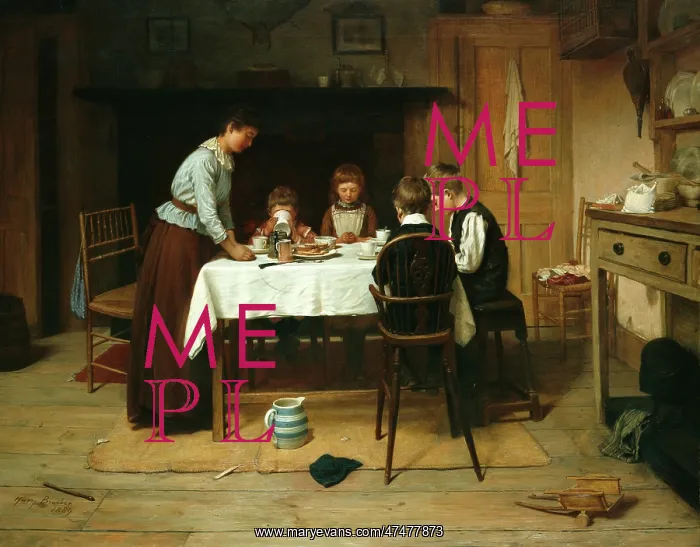 : Tea Time – children at table with mother : Tea Time – children at table with mother