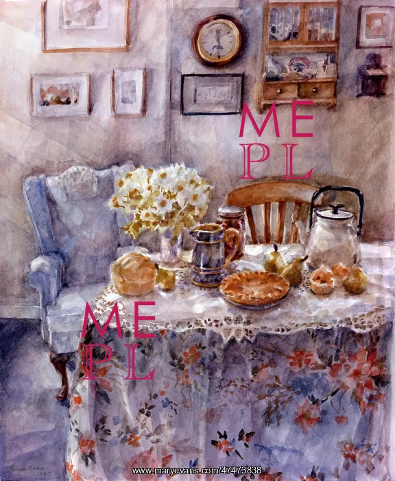 : Tea Time ? table set with bread, pie, pears etc : Tea Time ? table set with bread, pie, pears etc
