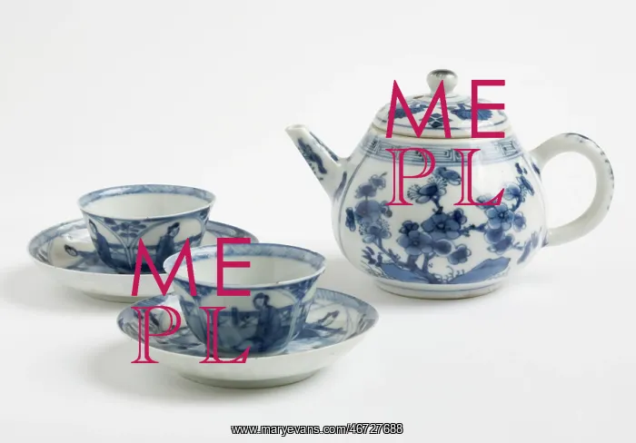 : Teapot with two cups and saucers : Teapot with two cups and saucers
