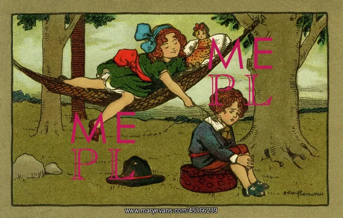 : The tease. Girl in a hammock with her doll leans over to tickle her boy : The tease. Girl in a hammock with her doll leans over to tickle her boy