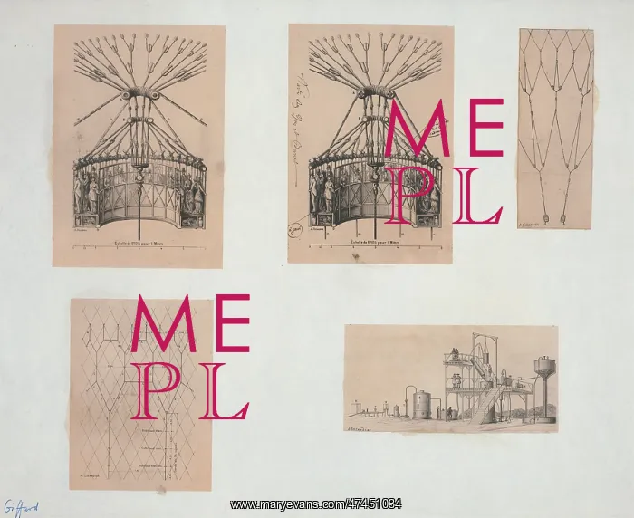 : Five technical illustrations show network of ropes and appar : Five technical illustrations show network of ropes and appar