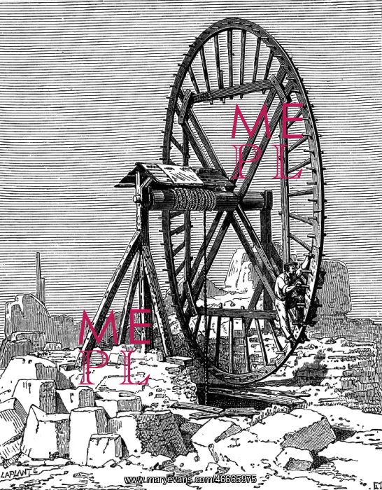: technics, mills, treadwheel, drawing by C. Laplante : technics, mills, treadwheel, drawing by C. Laplante