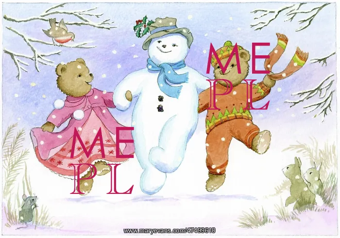 : Two teddies dancing with a snowman : Two teddies dancing with a snowman