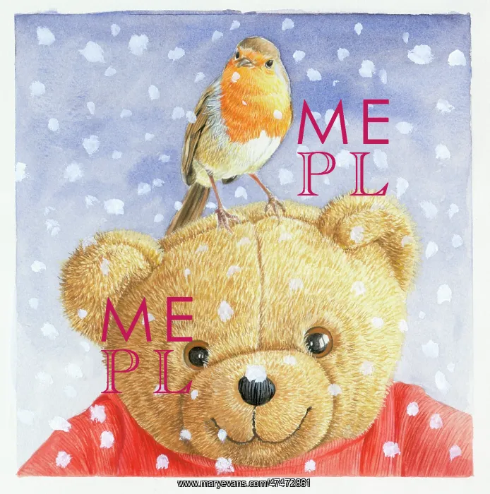  : Teddy bear with robin on its head in the snow