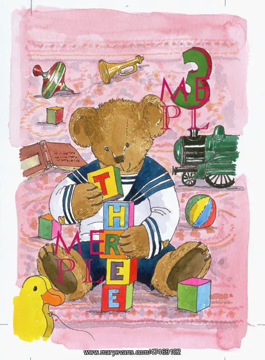 : Teddy Bear with tower of blocks to spell out three : Teddy Bear with tower of blocks to spell out three