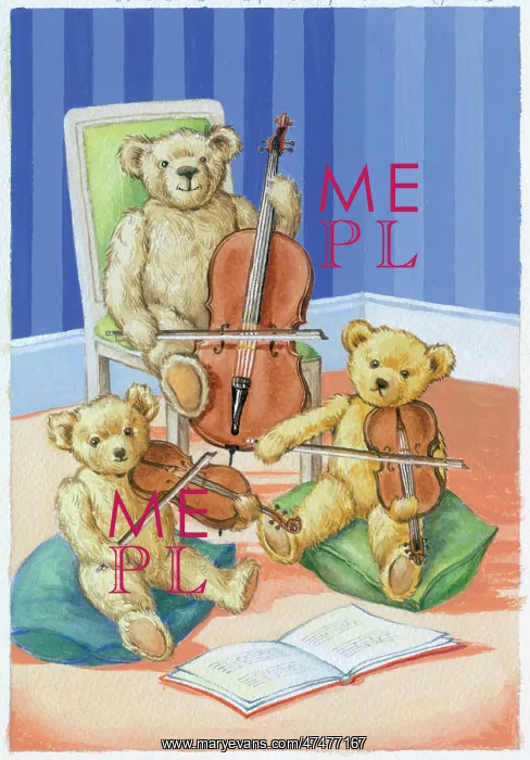 : Teddy Bear Trio playing cello and violins : Teddy Bear Trio playing cello and violins