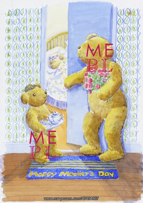 : Teddy Bears bringing tea to mother bear in bed : Teddy Bears bringing tea to mother bear in bed