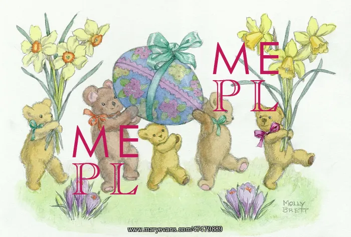  : Five teddy bears with daffodils and Easter egg