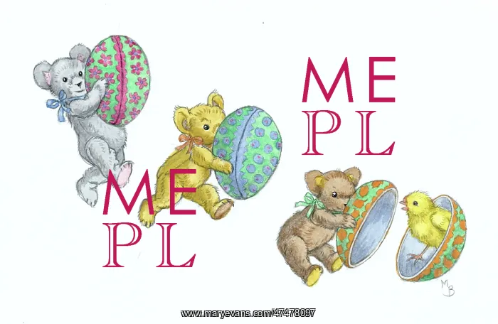 : Three teddy bears holding Easter eggs : Three teddy bears holding Easter eggs