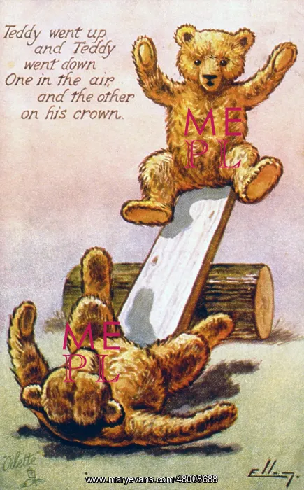 : Two teddy bears playing on a seesaw : Two teddy bears playing on a seesaw