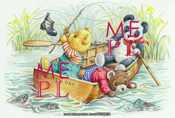 : Three teddy bears in a rowing boat, fishing : Three teddy bears in a rowing boat, fishing