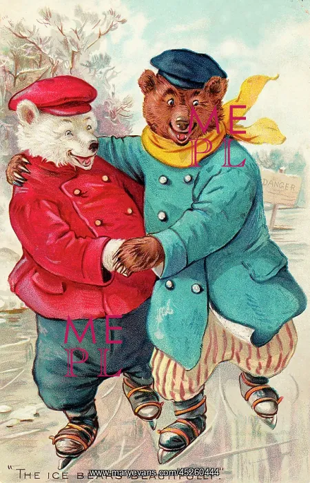 : Two teddy bears skating on a Christmas postcard : Two teddy bears skating on a Christmas postcard