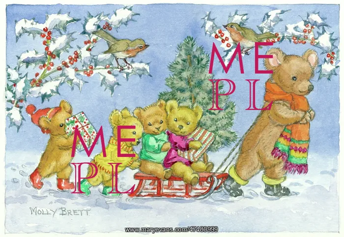 : Five teddy bears with sledge and two robins : Five teddy bears with sledge and two robins