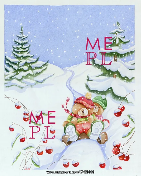  : Two Teddy Bears Sledging down a hill with snow falling