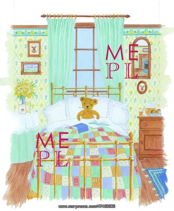 : Teddy in bed with patchwork quilt : Teddy in bed with patchwork quilt