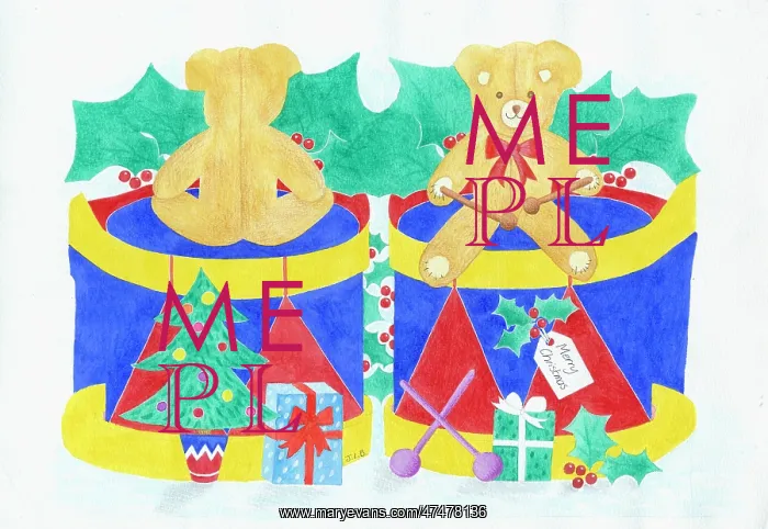  : Teddy and Drum with holly, presents, Christmas tree