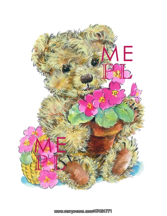 : Teddy holding a pot of pink polyanthus : Teddy holding a pot of pink polyanthus
