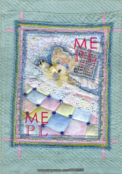 : Teddy under a pink, blue and yellow quilt : Teddy under a pink, blue and yellow quilt