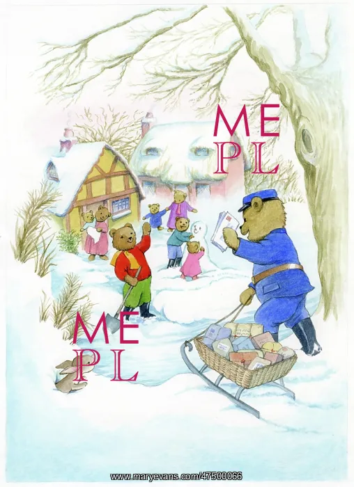 : Teddy Postman and cottages in the snow : Teddy Postman and cottages in the snow